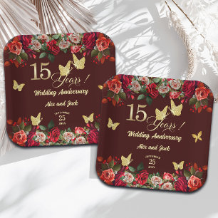 Elegant Floral Gold 15th Wedding Anniversary Paper Plate