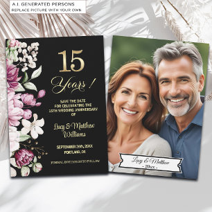 Elegant Floral Gold 15th Wedding Anniversary Photo Save The Date