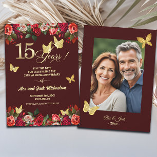 Elegant Floral Gold 15th Wedding Anniversary Photo Save The Date