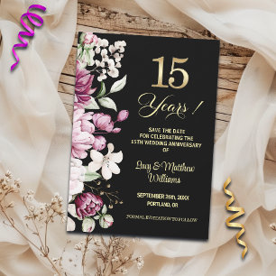 Elegant Floral Gold 15th Wedding Anniversary   Save The Date