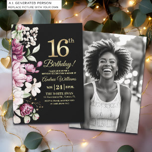 Elegant Floral Gold 16 Birthday Photo Invitation