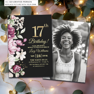 Elegant Floral Gold 17 Birthday Photo Invitation