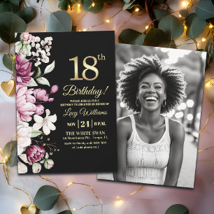 Elegant Floral Gold 18 Birthday Photo Invitation