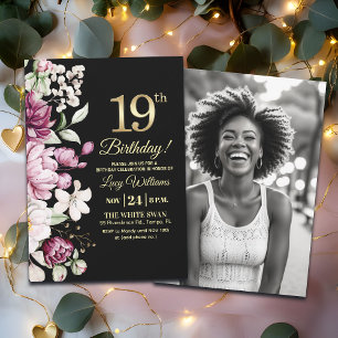 Elegant Floral Gold 19 Birthday Photo Invitation