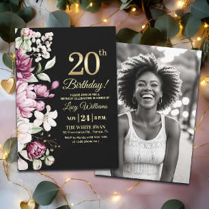 Elegant Floral Gold 20 Birthday Photo Invitation