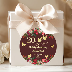 Elegant Floral Gold 20th Wedding Anniversary  Classic Round Sticker