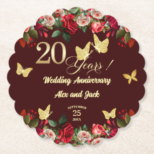 Elegant Floral Gold 20th Wedding Anniversary Paper Coaster