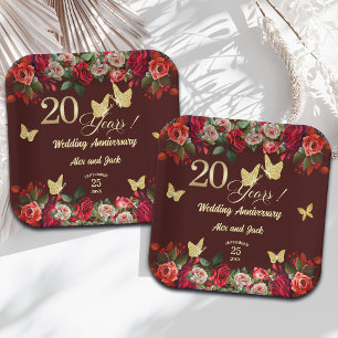 Elegant Floral Gold 20th Wedding Anniversary  Paper Plate