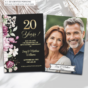 Elegant Floral Gold 20th Wedding Anniversary Photo Save The Date