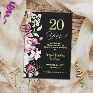 Elegant Floral Gold 20th Wedding Anniversary  Save The Date
