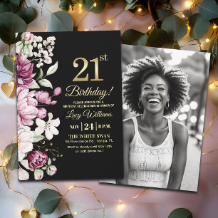 Elegant Floral Gold 21 Birthday Photo Invitation