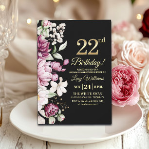 Elegant Floral Gold 22 Birthday Party Invitation