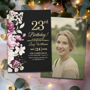 Elegant Floral Gold 23 Birthday Photo Invitation