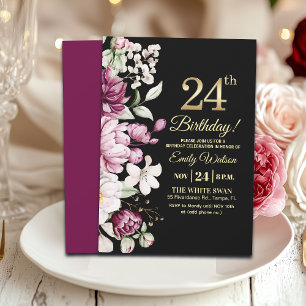 Elegant Floral Gold 24 Birthday Party Invitation