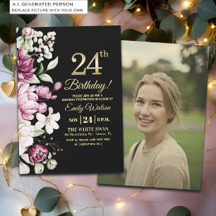 Elegant Floral Gold 24 Birthday Photo Invitation