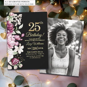 Elegant Floral Gold 25 Birthday Photo Invitation