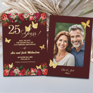 Elegant Floral Gold 25th Wedding Anniversary Photo Save The Date