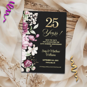 Elegant Floral Gold 25th Wedding Anniversary Save The Date