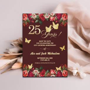 Elegant Floral Gold 25th Wedding Anniversary Save The Date