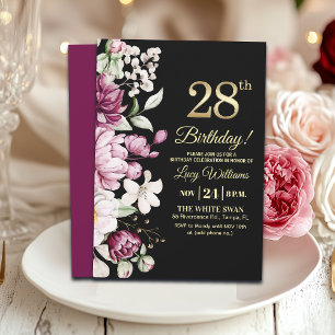 Elegant Floral Gold 28 Birthday Party Invitation
