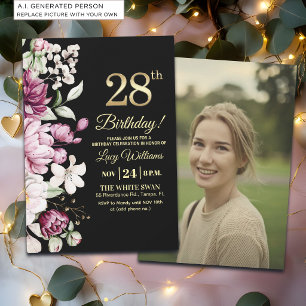 Elegant Floral Gold 28 Birthday Photo Invitation
