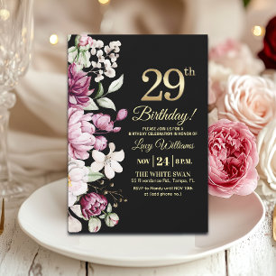 Elegant Floral Gold 29 Birthday Party Invitation