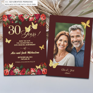 Elegant Floral Gold 30th Wedding Anniversary Photo Save The Date