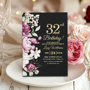 Elegant Floral Gold 32 Birthday Party Invitation