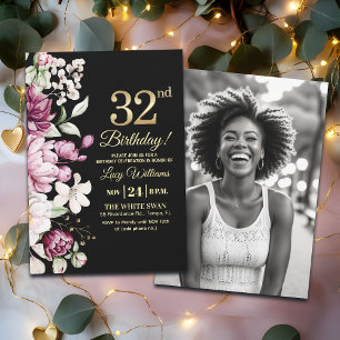 Elegant Floral Gold 32 Birthday Photo Invitation