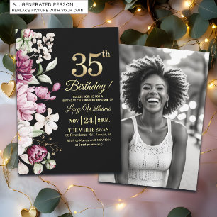 Elegant Floral Gold 35 Birthday Photo Invitation