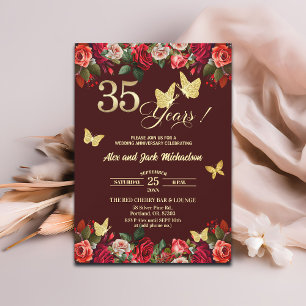 Elegant Floral Gold 35th Wedding Anniversary Invitation