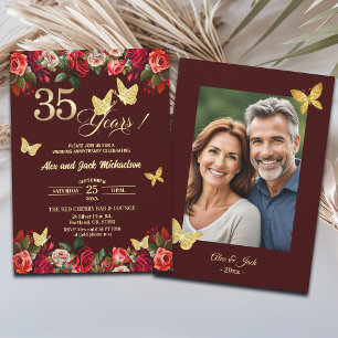 Elegant Floral Gold 35th Wedding Anniversary Photo Invitation