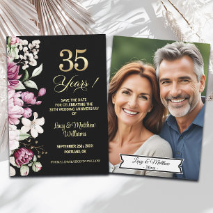 Elegant Floral Gold 35th Wedding Anniversary Photo Save The Date