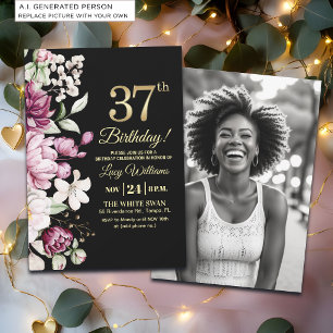 Elegant Floral Gold 37 Birthday Photo Invitation