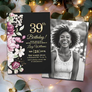 Elegant Floral Gold 39 Birthday Photo Invitation