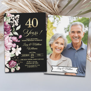 Elegant Floral Gold 40th Wedding Anniversary Photo Invitation