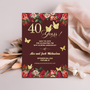 Elegant Floral Gold 40th Wedding Anniversary   Save The Date