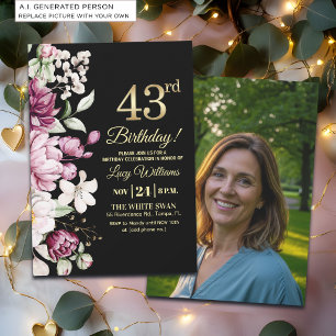 Elegant Floral Gold 43 Birthday Photo Invitation