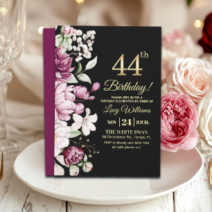 Elegant Floral Gold 44 Birthday Party Invitation