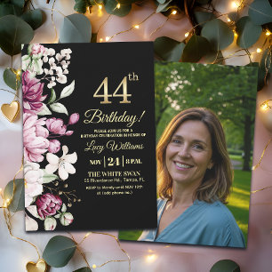 Elegant Floral Gold 44 Birthday Photo Invitation