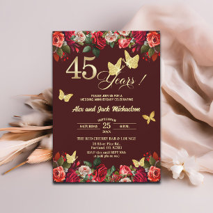 Elegant Floral Gold 45th Wedding Anniversary  Invitation