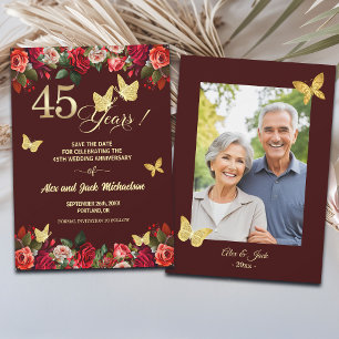 Elegant Floral Gold 45th Wedding Anniversary Photo Save The Date