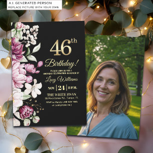 Elegant Floral Gold 46 Birthday Photo Invitation