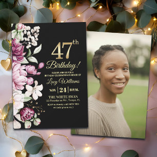Elegant Floral Gold 47 Birthday Photo Invitation