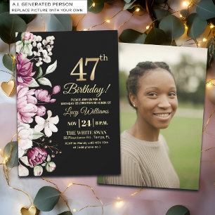 Elegant Floral Gold 47 Birthday Photo Invitation