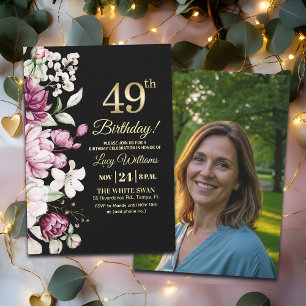 Elegant Floral Gold 49 Birthday Photo Invitation