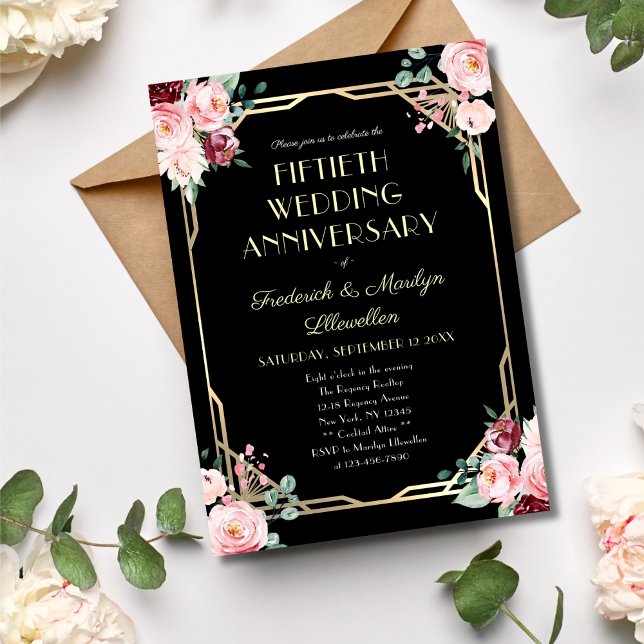 Elegant Floral Gold 50th Wedding Anniversary Invitation (Creator Uploaded)