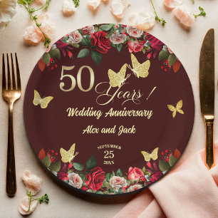 Elegant Floral Gold 50th Wedding Anniversary  Paper Plate