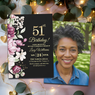 Elegant Floral Gold 51 Birthday Photo Invitation