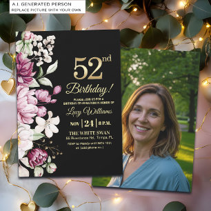 Elegant Floral Gold 52 Birthday Photo Invitation